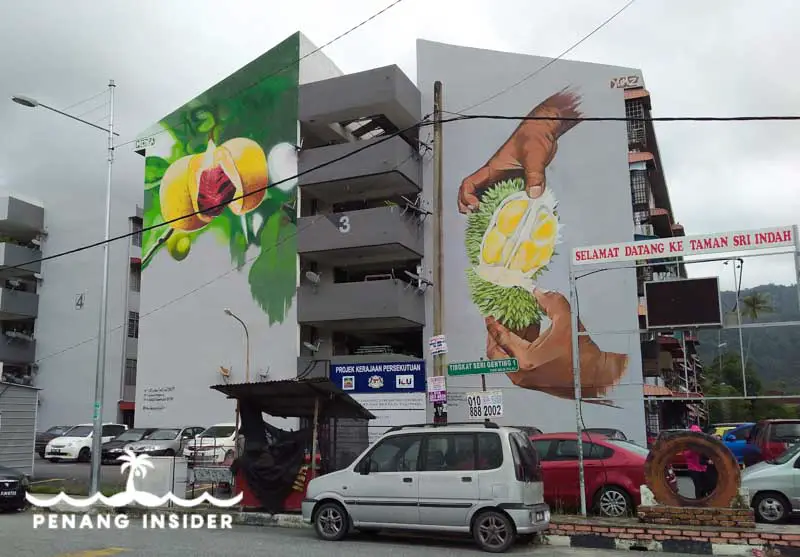 Durian and Nutmeg murals on the sides of the apartment block Balik Pulau