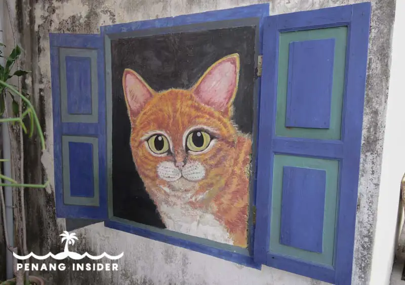 Penang Street Art Cat at the Blue Window