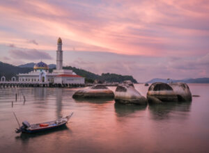 pulau pangkor floating mosque at sunset