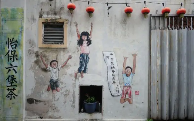 Street art of kids jumping in Market Lane, Ipoh, Perak