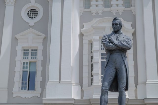 Sir Stamford Raffles' statue watches over Singapore's Civic District
